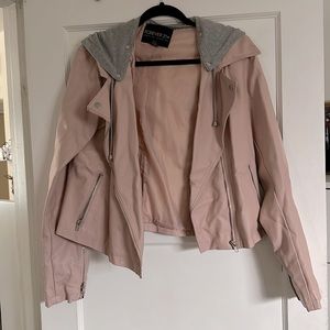 Baby pink Faux Leather moto jacket with removable hood